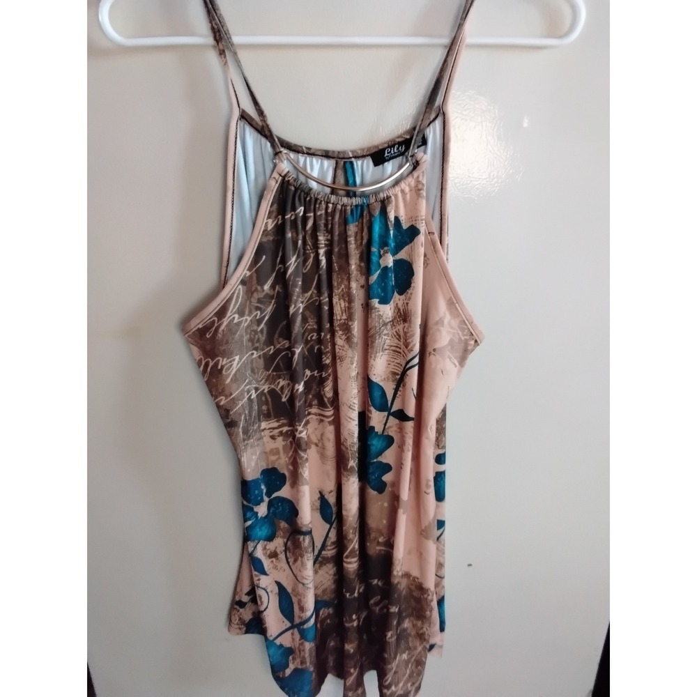 Lily by Firmiana Womens 1XL Halter Top Teal Floral Script Metal Bar Neck Dress